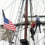 Deckhands hoist the sails aboard the Lady Washington historic tall ship in Langley harbor on Sept. 19. (Wendy Leigh / South Whidbey Record)