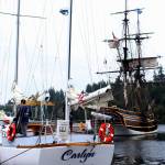 The Carlyn scientific research vessel and Lady Washington historic tall ship await students from South Whidbey Elementary school at the Langley harbor. (Wendy Leigh / South Whidbey Record)
