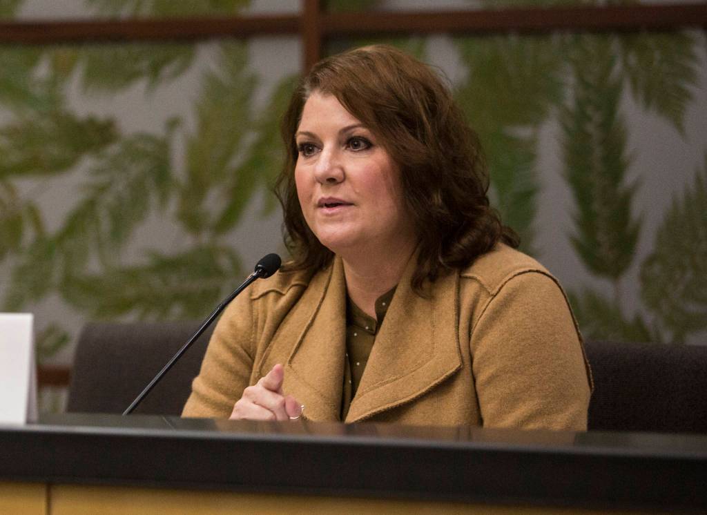 Snohomish County District 2 candidate Anna Rohrbough speaks at a League of Women Voters candidate forum at the Snohomish County campus on Oct. 7 in Everett. (Olivia Vanni / The Herald)