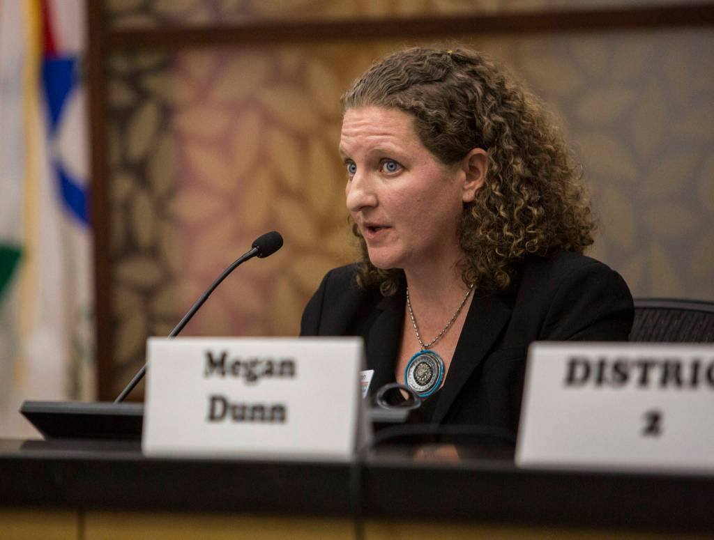 Snohomish County District 2 candidate Megan Dunn speaks at a League of Women Voters candidate forum at the Snohomish County campus on Oct. 7 in Everett. (Olivia Vanni / The Herald)