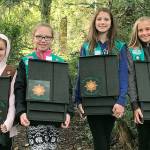 Girl Scout Troop 41137 members, left to right, Annelise Buck, Maija Hammond, Genevieve Buck and Chloe Parrish show four of the 36 bat houses the troop built. Three bat houses hang outside the Mukilteo Library. (Submitted photo)