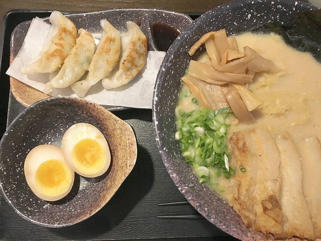 The Im hungry value combo at Botan Ramen n Bar in Everett includes tonkotsu ramen, a soft-boiled egg and gyoza. (Ben Watanabe / The Herald)