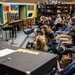Everett High School band students listen while members of the U.S. Marine Band speak and perform for their class on Friday morning. (Olivia Vanni / The Herald)
