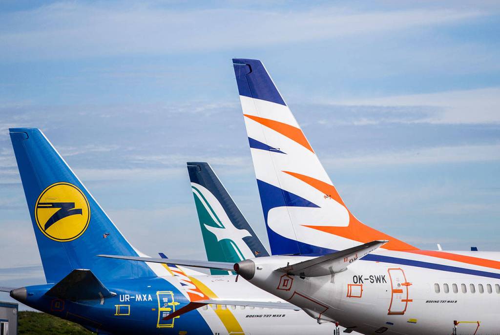 Boeing 737 Max planes can be seen from the Historic Flight museum at Paine Field in Everett. (Olivia Vanni / The Herald)