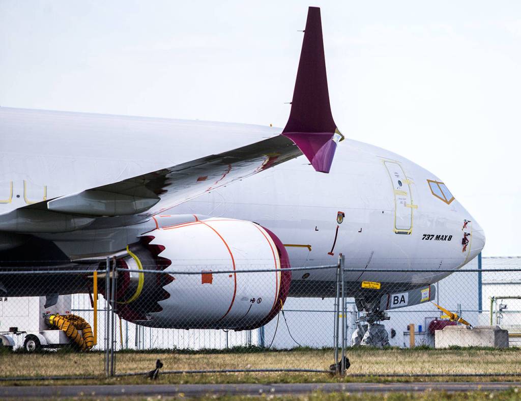 A 737 Max at Paine Field on Wednesday in Everett. (Olivia Vanni / The Herald)