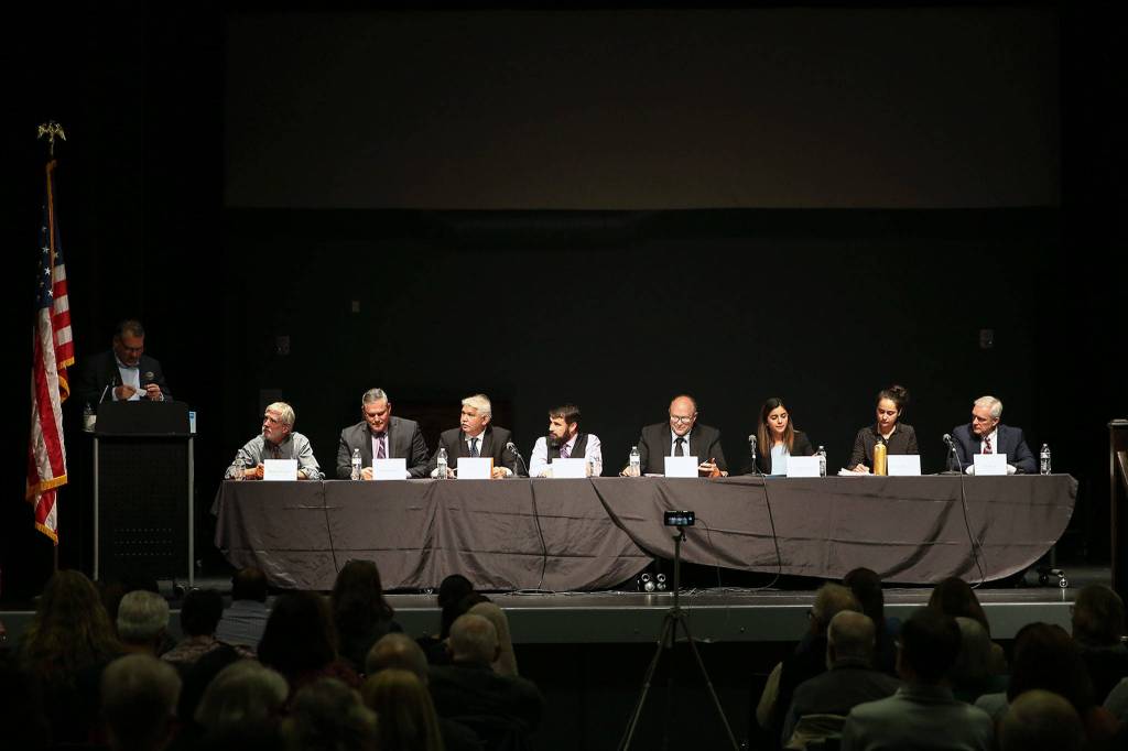 Candidates make their case for election during the forum Wednesday evening at Rosehill Community Center in Mukilteo. (Kevin Clark / The Herald)