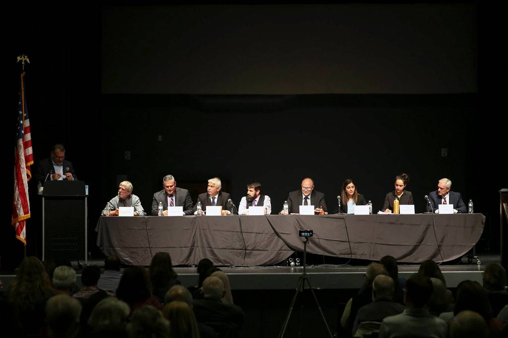 Candidates make their case for election during the forum Wednesday evening at Rosehill Community Center in Mukilteo. (Kevin Clark / The Herald)