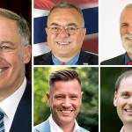 Jay Inslee (left) is facing four challengers for governor so far. They are (top L-R) Loren Culp, Phil Fortunato, (bottom L-R) Joshua Freed and Anton Sakharov.