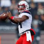 Arizona quarterback Khalil Tate throws a pass in the second half of a game against Colorado on Oct. 5, 2019, in Boulder, Colo. (AP Photo/David Zalubowski)