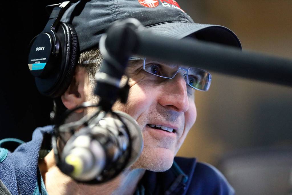 Local historian Feliks Banel, seen on the air with KIRO Radio, will talk about the Pacific Northwests infamous storms at two library events in Lynnwood and Marysville. (Kevin Clark / The Herald)