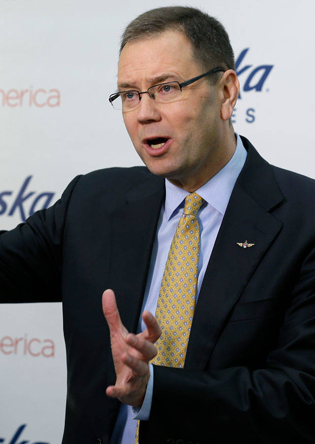In this 2016 photo, Alaska Airlines CEO Brad Tilden talks to reporters at the airlines corporate headquarters in Seattle. (AP Photo/Ted S. Warren, File)