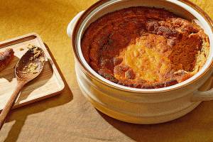 This creamy pumpkin spoon bread flirts with sweet and savory