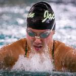 Jacksons Mia Chang competes in the 100 yard breaststroke Tuesday afternoon at the Snohomish Aquatic Center in Snohomish on October 15, 2019. (Kevin Clark / The Herald)