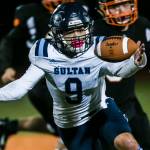 Sultans Zane Sailor bobbles the ball during the game on Friday, Oct. 18, 2019 in Granite Falls. (Olivia Vanni / The Herald)