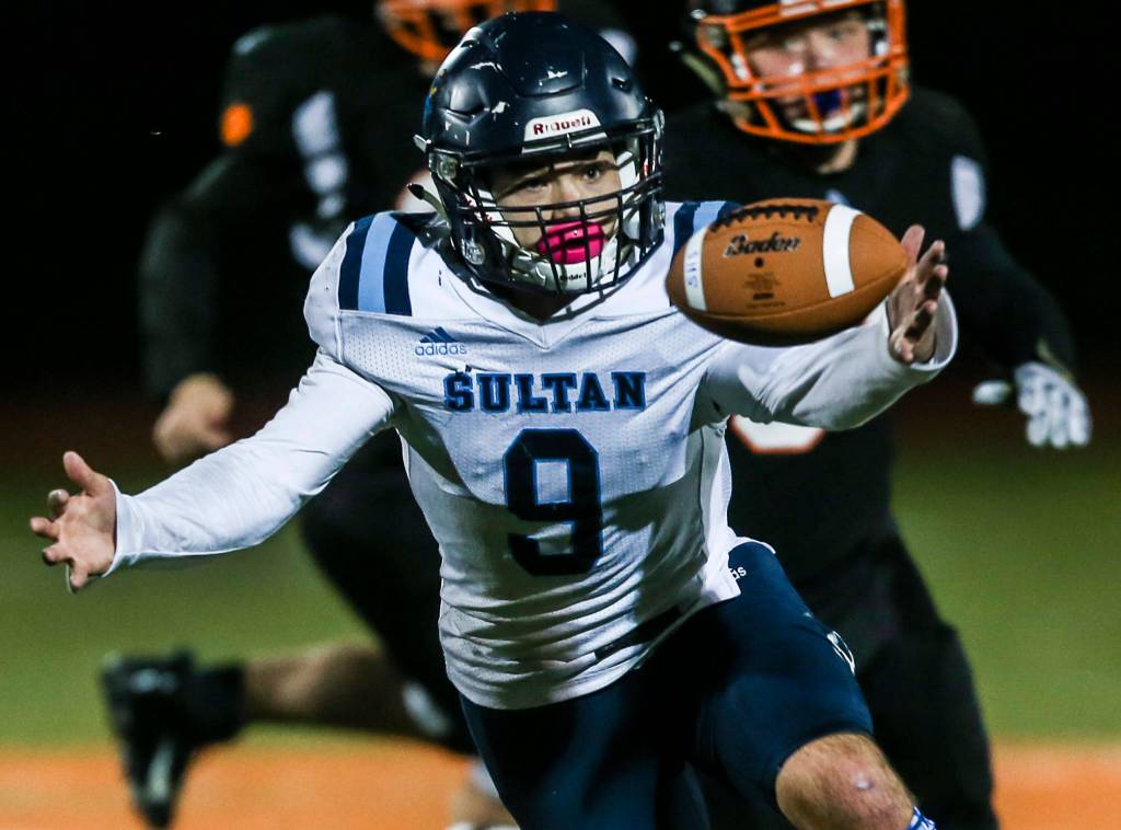 Sultans Zane Sailor bobbles the ball during the game against Granite Falls on Friday in Granite Falls. (Olivia Vanni / The Herald)