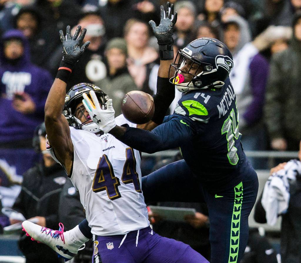Seattle Seahawks D.K. Metcalf misses a catch during the game against the Baltimore Ravens on Sunday, Oct. 20, 2019 in Seattle, Wash. (Olivia Vanni / The Herald)