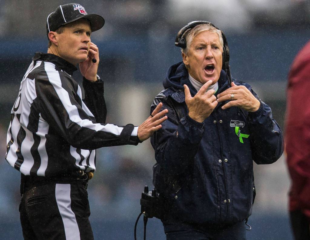 Seattle Seahawks head coach Pete Carroll yells at the referees during the game against the Baltimore Ravens on Sunday, Oct. 20, 2019 in Seattle, Wash. (Olivia Vanni / The Herald)
