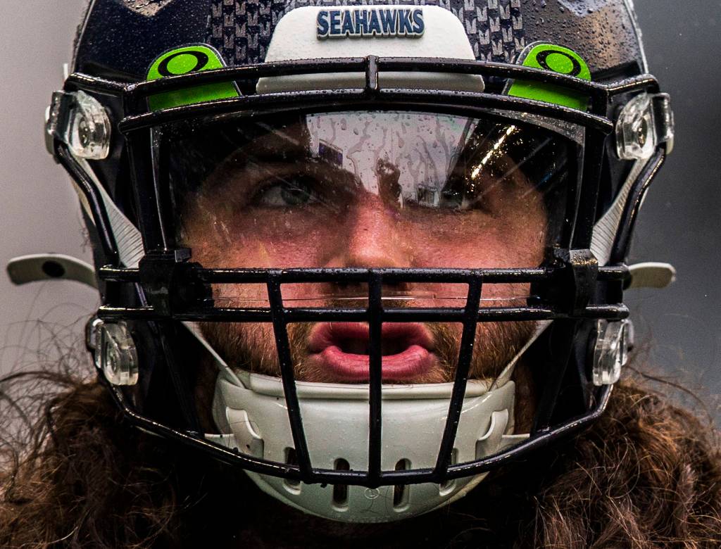 Seattle Seahawks Joey Hunt looks up at the stands during warm ups before the game against the Baltimore Ravens on Sunday, Oct. 20, 2019 in Seattle, Wash. (Olivia Vanni / The Herald)