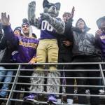 Harry the Washington Husky mascot cheers with the student section during the game against Oregon on Saturday, Oct. 19, 2019 in Seattle, Wash. (Olivia Vanni / The Herald)