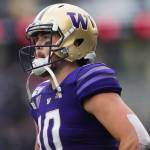 Washingtons Jacob Eason bites his lip as he looks up at the score board after Washington lost to Oregon 35-31 on Saturday, Oct. 19, 2019 in Seattle, Wash. (Olivia Vanni / The Herald)