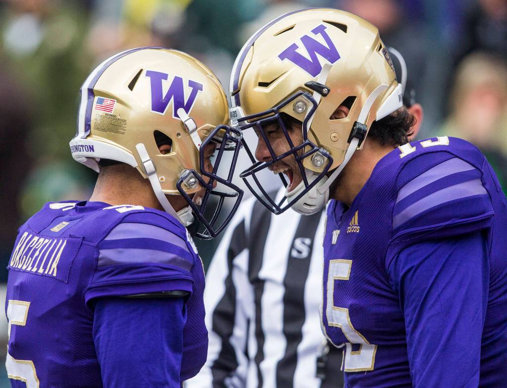 Washington Huskies Puka Nacua screams after a touchdown during the game against Oregon on Saturday, Oct. 19, 2019 in Seattle, Wash. (Olivia Vanni / The Herald)