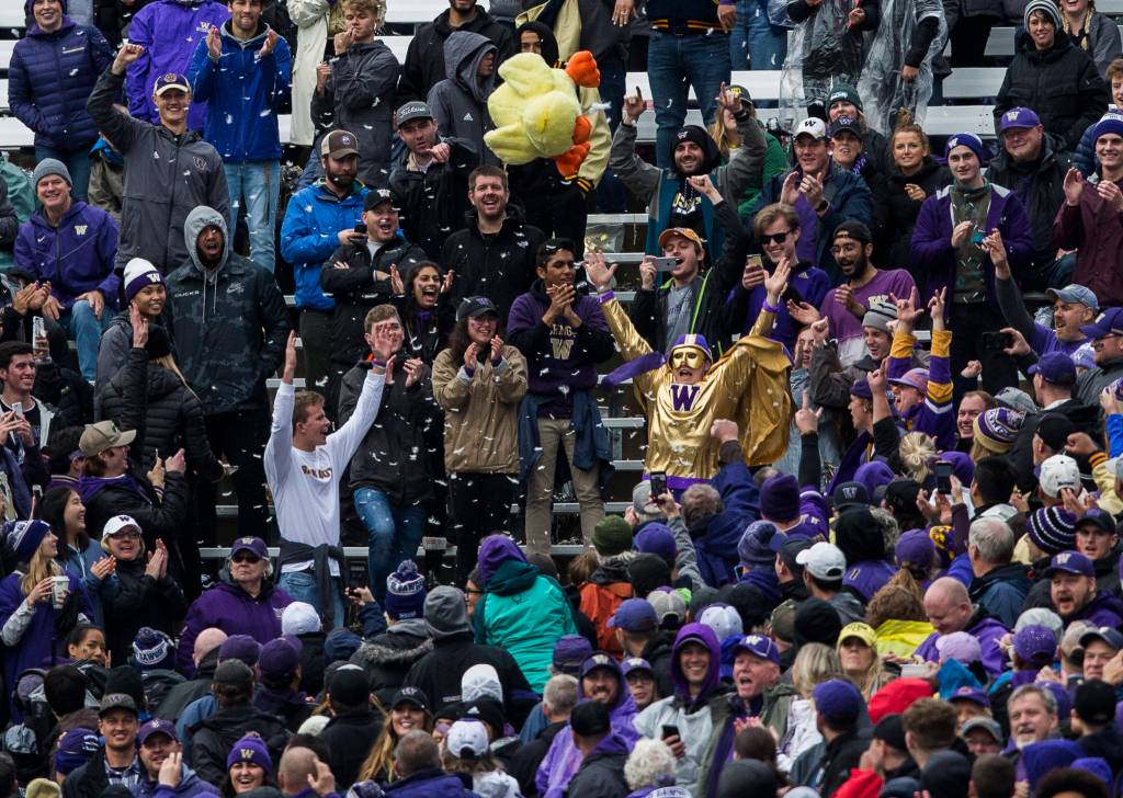 Washington fans cheer as a stuffed duck is torn apart and thrown into the air during the game against Oregon on Saturday, Oct. 19, 2019 in Seattle, Wash. (Olivia Vanni / The Herald)