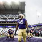 Washington Huskies Levi Onwuzurike warms up before the game against Oregon on Saturday, Oct. 19, 2019 in Seattle, Wash. (Olivia Vanni / The Herald)