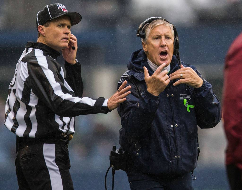 Seattle Seahawks head coach Pete Carroll yells at the referees during the game against the Baltimore Ravens on Sunday, Oct. 20, 2019 in Seattle, Wash. (Olivia Vanni / The Herald)