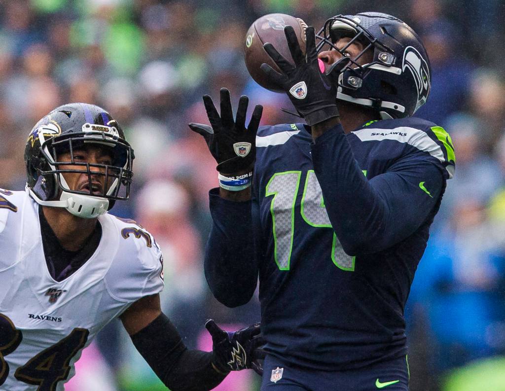 Seattle Seahawks D.K. Metcalf makes a catch during the game against the Baltimore Ravens on Sunday, Oct. 20, 2019 in Seattle, Wash. (Olivia Vanni / The Herald)