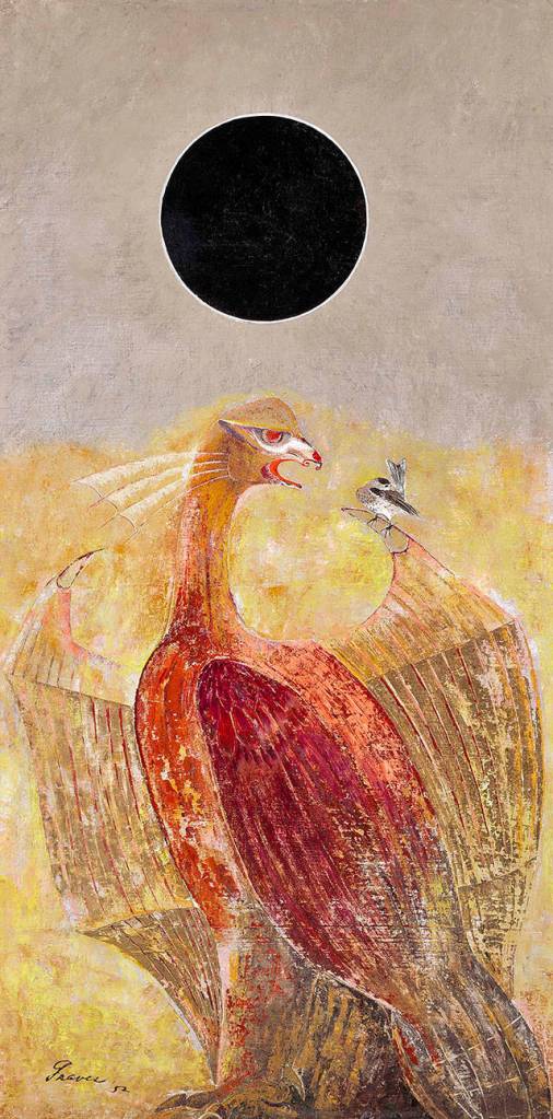 Morris Graves Preening Sparrow oil on canvas from 1952 was published in Life magazine in a story about the Northwest mystic painters: Graves, Guy Anderson, Mark Tobey and Kenneth Callahan. This is the first time the painting has been shown to the public.