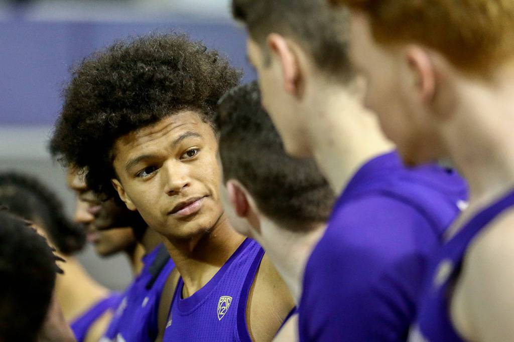 Husky freshman and Marysville Pilchuck alumni RaeQuan Battle during the team photos session Tuesday afternoon at Alaska Airlines Arena in Seattle. (Kevin Clark / The Herald)
