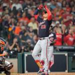 The Nationals Juan Soto celebrates after hitting a home run against the Astros during the fourth inning of Game 1 of the World Series on Tuesday in Houston. (AP Photo/David J. Phillip)