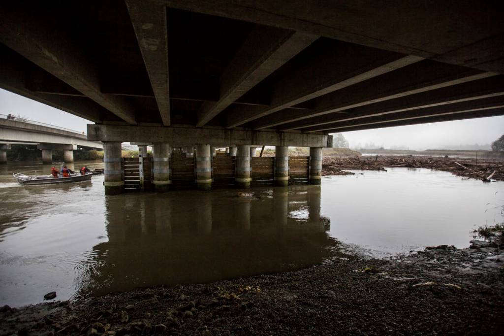 A boat makes its way underneath the eastbound lanes of State Route 2 to move logs jammed agains the pilings on Wednesday in Everett. (Olivia Vanni / The Herald)