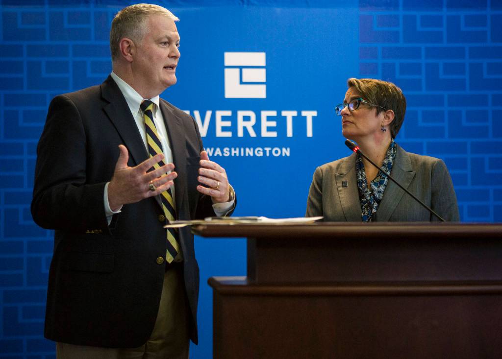 Everett City Councilman Scott Murphy answers questions after Mayor Cassie Franklins 2020 budget address at the Everett City Council Chambers on Wednesday. (Olivia Vanni / The Herald)