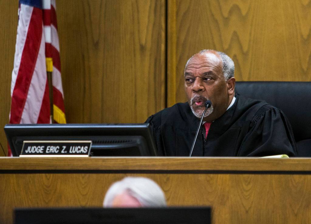 Judge Eric Lucas reads his verdict to the court at the Snohomish County Courthouse on Tuesday. (Olivia Vanni / The Herald)