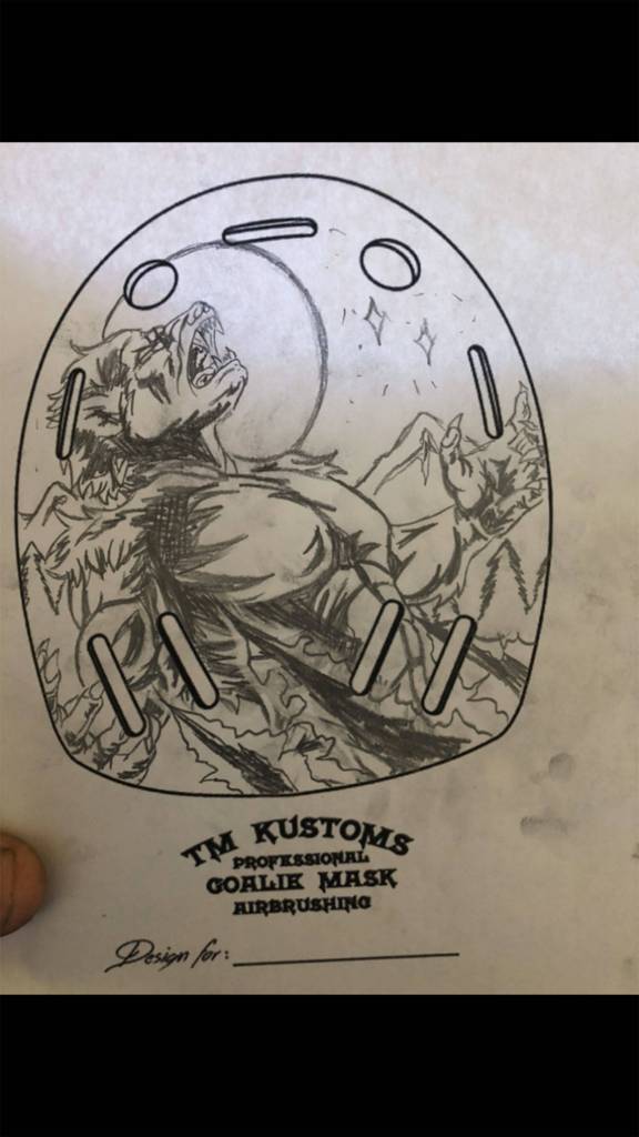 An original sketch for Silvertips goalie Dustin Wolfs mask from Travis Michael, a mask-painter based out of Victoria, British Columbia. (Courtesy of Travis Michael).