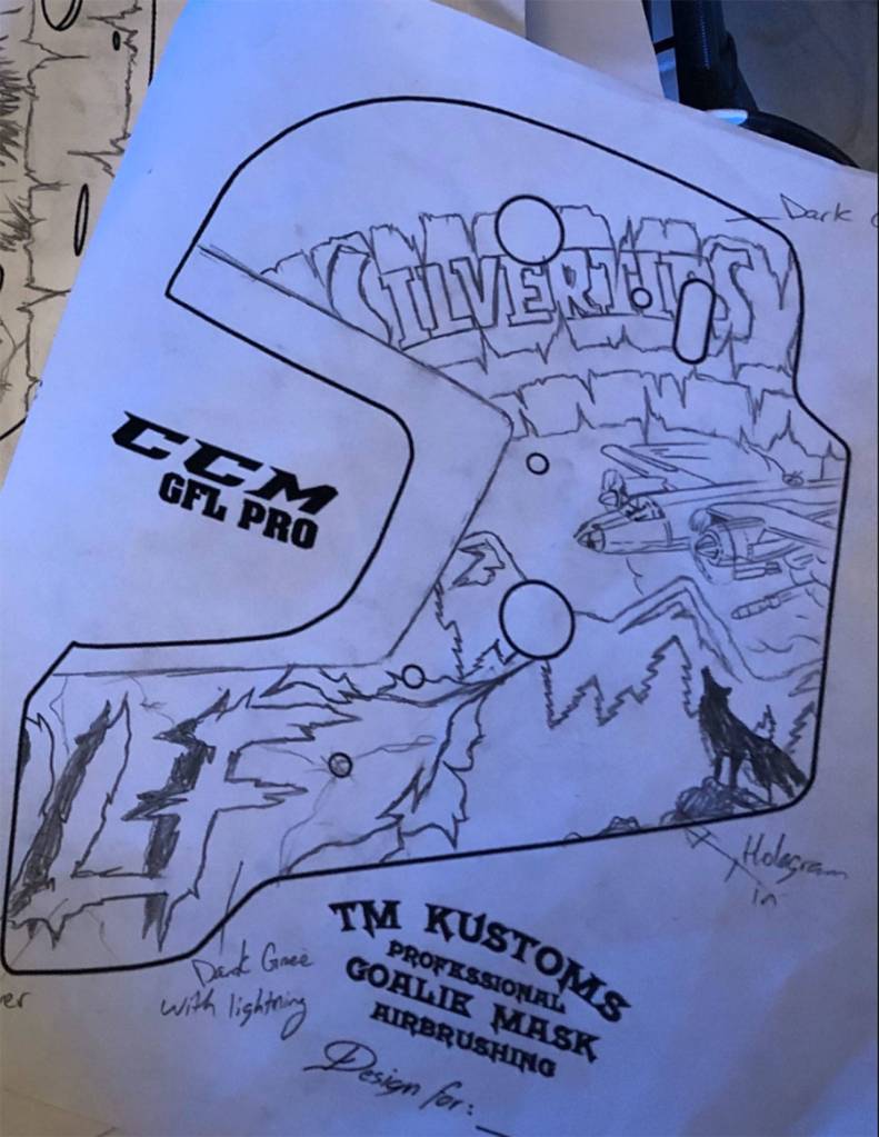 An original sketch for Silvertips goalie Dustin Wolfs mask from Travis Michael, a mask-painter based out of Victoria, British Columbia. (Courtesy of Travis Michael).