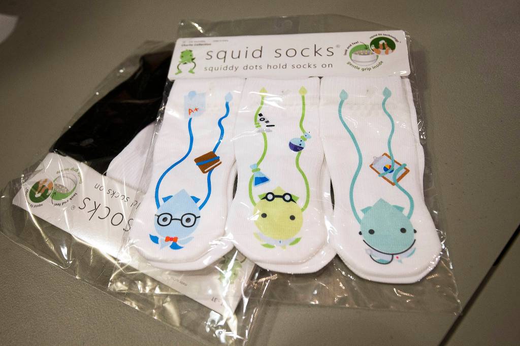 Squids are the main design element of the Squid Socks line of childrens socks. (Andy Bronson / The Herald)