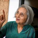 Ma Anand Sheela, spokeswoman for the controversial Osho spiritual movement in the 1980s, speaks to her fans in New Delhi, India, on Friday. (AP Photo/ Krithika Varagur)