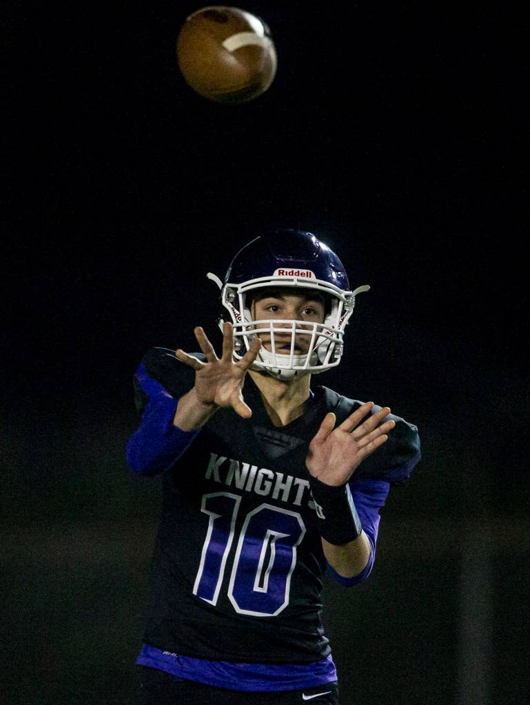 Kamiaks Nick Laman throws the ball during the game on Nov. 1, 2019 in Everett, Wash. (Olivia Vanni / The Herald)