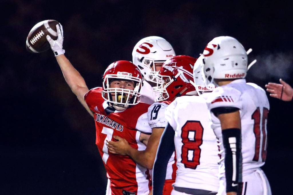 Marysville Pilchucks Kyle Nyblod celebrates a fumble recovery against Snohomish during the Wesco 3A Championship Friday evening at Quil Ceda Stadium on November 1, 2019. Marysville-Pilchuck led 35-3 at halftime. (Kevin Clark / The Herald)