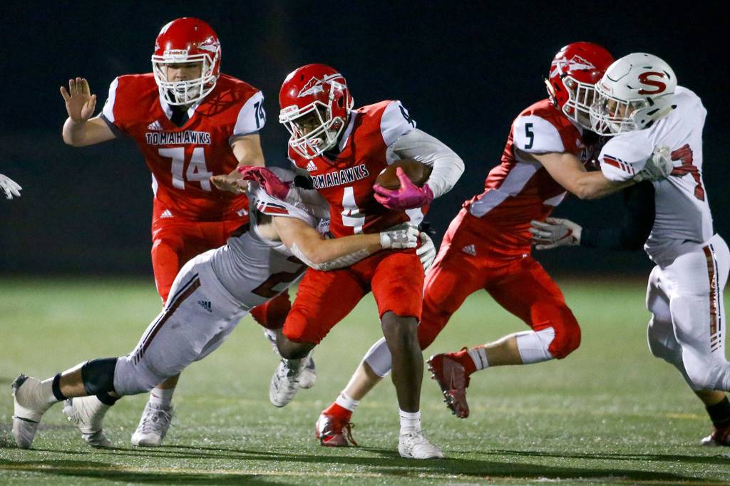 Marysville Pilchuck versus Snohomish in the Wesco 3A Championship Friday evening at Quil Ceda Stadium on November 1, 2019.(Kevin Clark / The Herald)