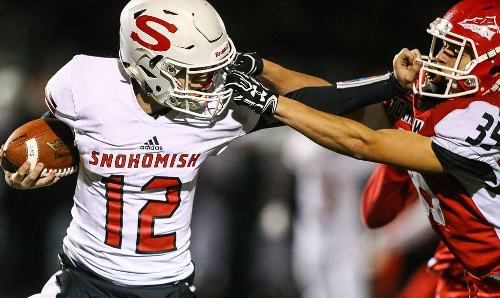 Marysville Pilchuck versus Snohomish in the Wesco 3A Championship Friday evening at Quil Ceda Stadium on November 1, 2019.(Kevin Clark / The Herald)
