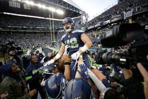 Seattle Seahawks tight end Jacob Hollister celebrates after scoring the game-winning touchdown in Sundays 40-34 win over Tampa Bay. (AP Photo/Scott Eklund)