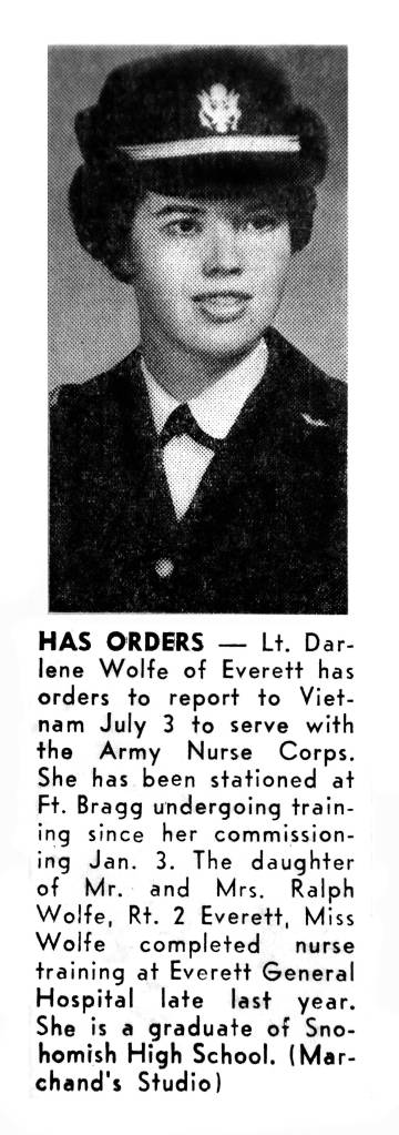 Everett Herald 1967 clipping in her scrapbook: Lt. Darlene Wolfe of Everett has orders to report to Vietnam July 3 to serve with the Army Nurse Corps. (Courtesy Darlene Harrington))