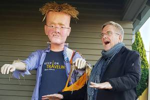 Rick Steves (right) the travel guru with Rick Franken-Steves the scarecrow. The scarecrow was created by Marjie Bowker and Greg Strzempka for the Edmonds Historical Museums Scarecrow Festival contest. (Rick Steves Europe)