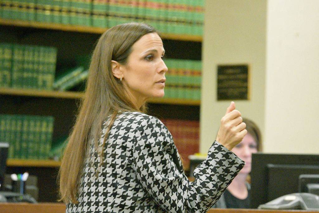 Deputy prosecutor Toni Montgomery makes her closing argument in Matthew McGowans murder trial Friday in Snohomish County Superior Court. McGowan is accused of beating homeless man Michael Boone, tying him to a tree and leaving him to die in freezing weather. (Caleb Hutton / The Herald)