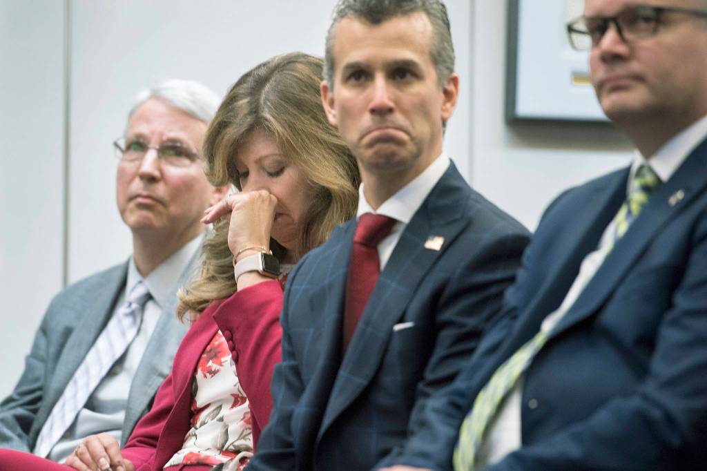 Cliff Owen / Associated Press                                Susan Payne, founder and executive director of Safe2Tell wipes tears, as Peter Langman (left), Max Schachter (center), who lost his son, Alex, during the Parkland school mass shooting and Ryan Petty, who lost his daughter, Alaina, during the Parkland school mass shooting, appear Thursday in Washington at the release of the Secret Service National Threat Assessment Centers Protecting Americas Schools report. The report examines 41 targeted attacks that occurred in schools between 2008 and 2017.