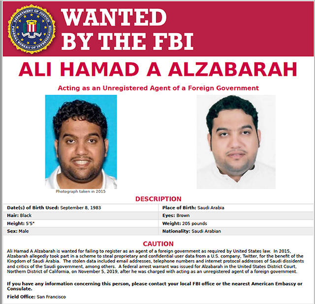 This FBI internet wanted poster shows Ali Alzabarah, sought in connection with alleged spying on critics of Saudi Arabia on Twitter. (FBI via AP)