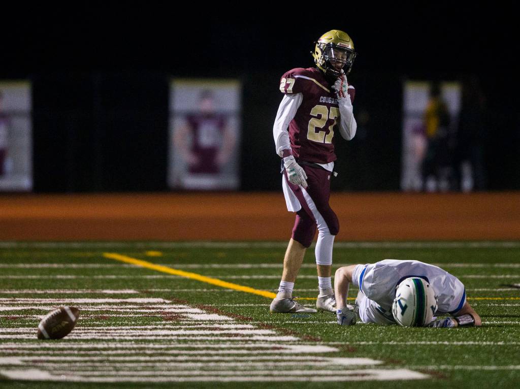 A Liberty player punches the ground after he misses a throw during a 2A playoff game against Liberty on Nov. 8, 2019 in Arlington, Wash. (Olivia Vanni / The Herald)